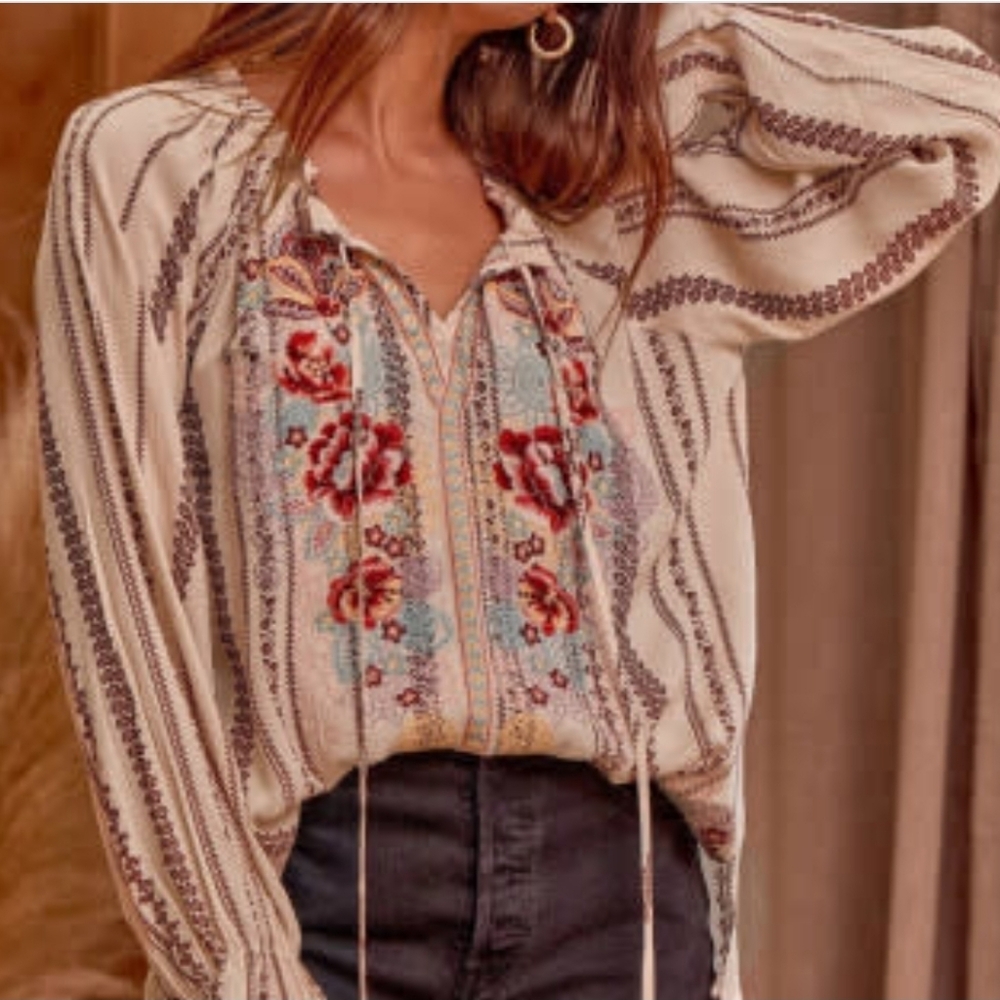 Savanna Jane The Frankie Kat Embroidered Split Neck Striped Peasant Top Curve 3X